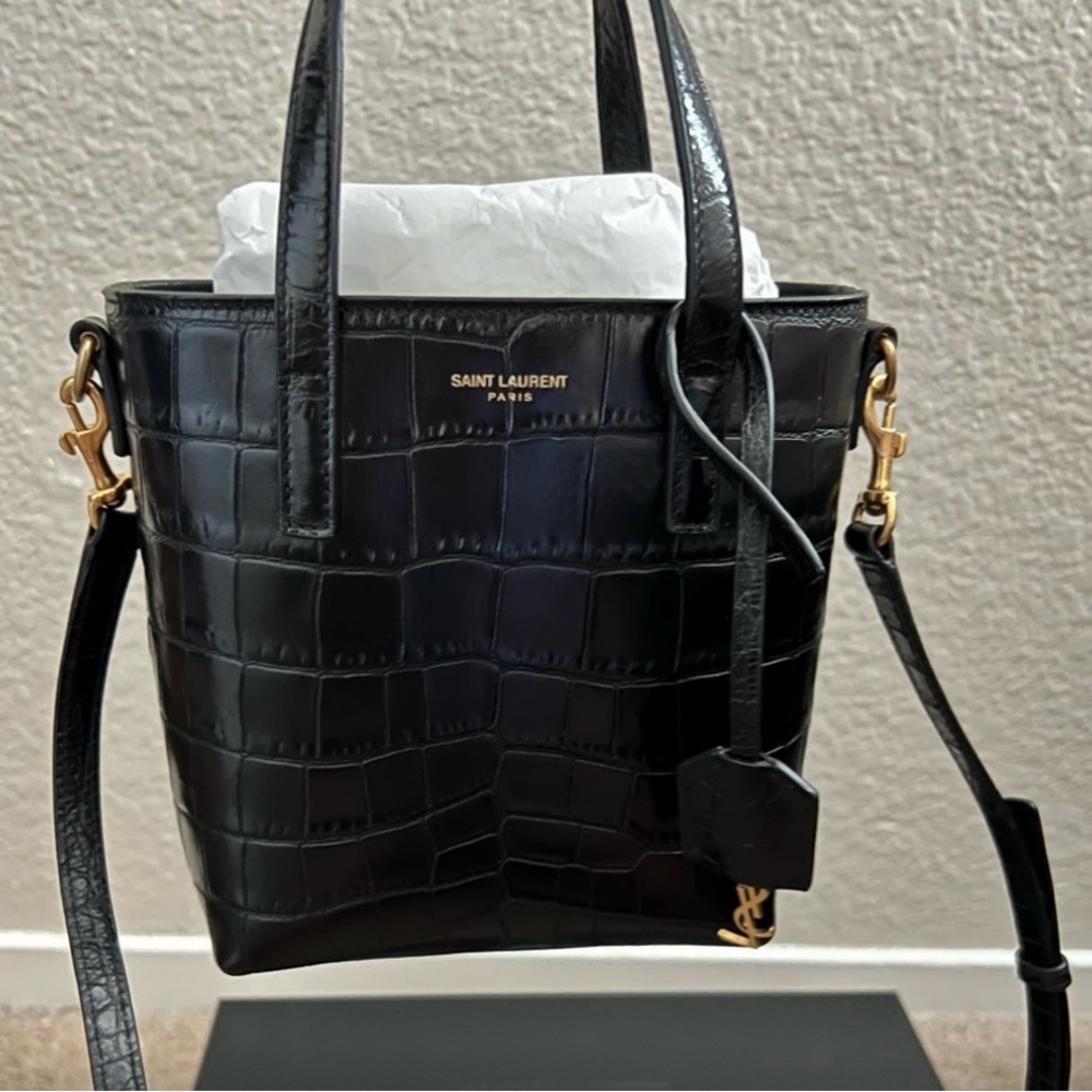 SAINT LAURENT PARIS MINI TOY SHOPPING IN CROCODILE-EMBOSSED LEATHER